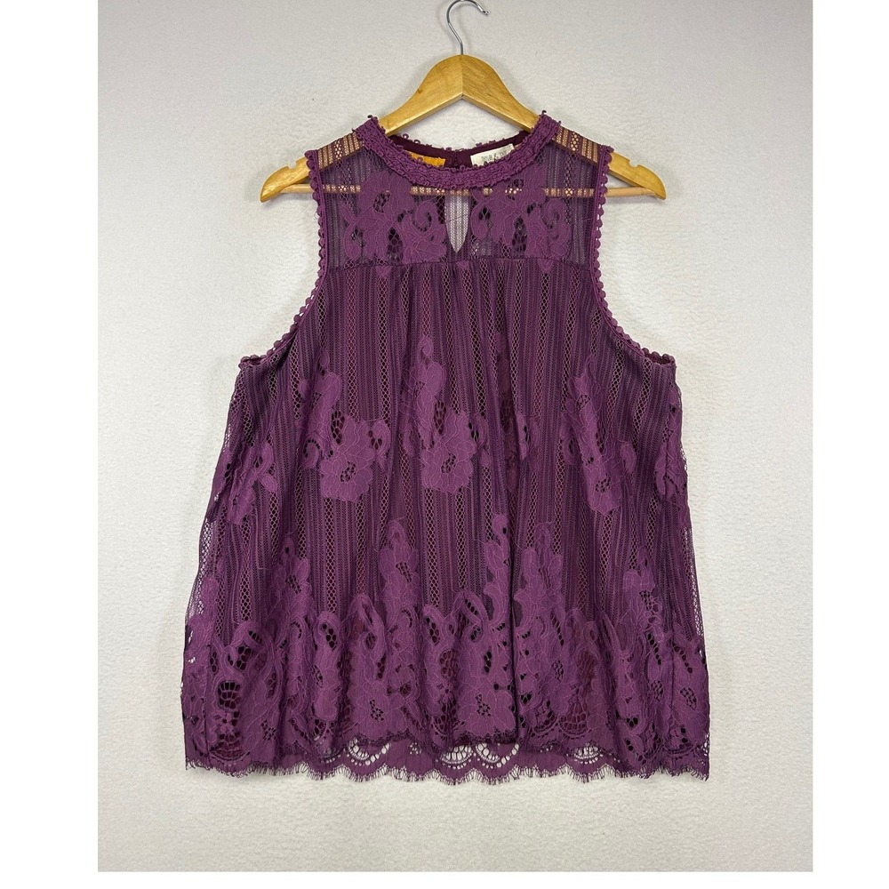 Boho Romantic Taylor & Sage Women XL Purple Lace Mock Neck Sleeveless Blouse